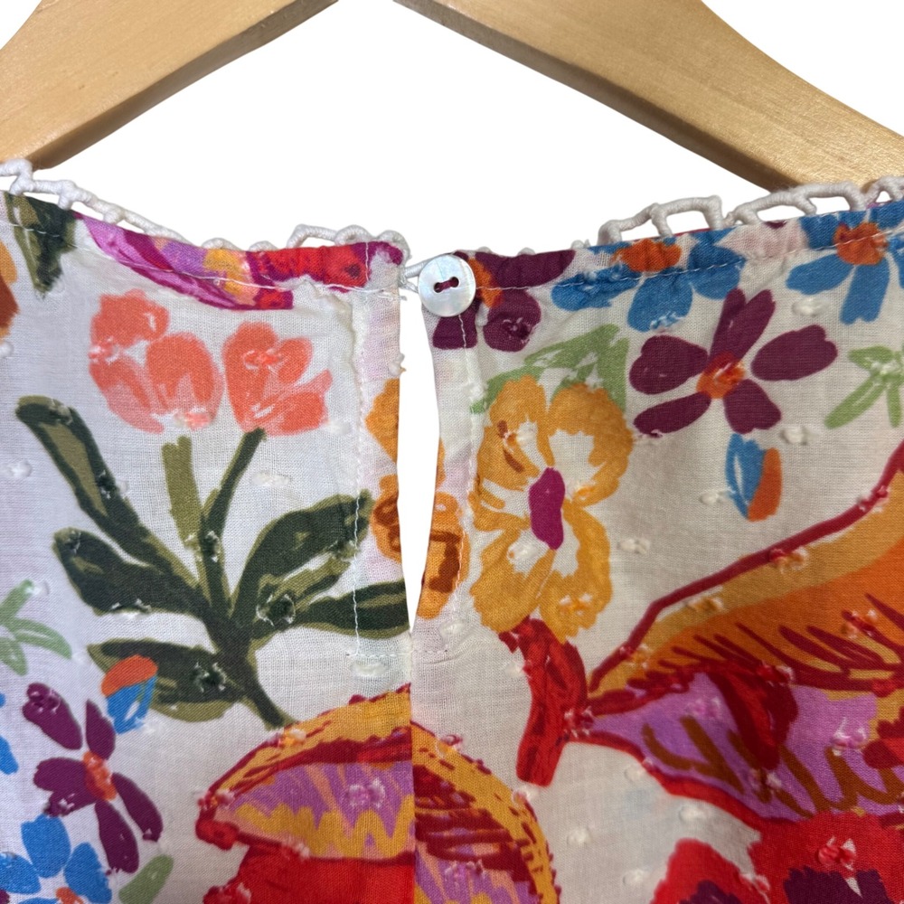 Farm Rio Womens Top Large Floral Swiss Dot Blouse Multi Color Boho Pom Poms - Picture 5 of 11